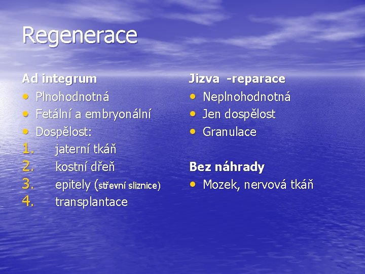 Regenerace Ad integrum • Plnohodnotná • Fetální a embryonální • Dospělost: 1. jaterní tkáň