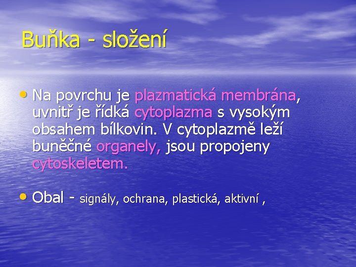 Buňka - složení • Na povrchu je plazmatická membrána, uvnitř je řídká cytoplazma s