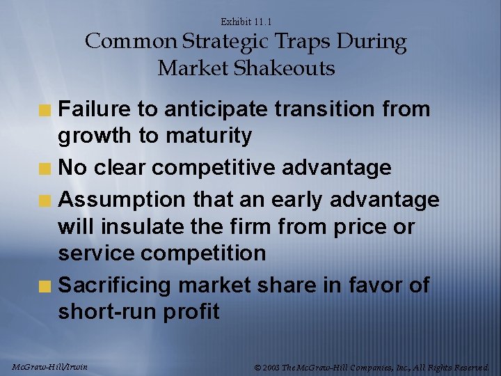 Exhibit 11. 1 Common Strategic Traps During Market Shakeouts Failure to anticipate transition from