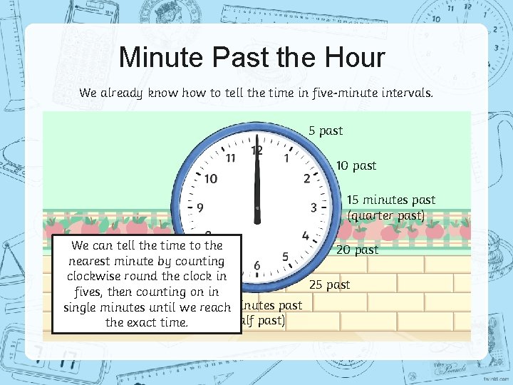 Minute Past the Hour We already know how to tell the time in five-minute