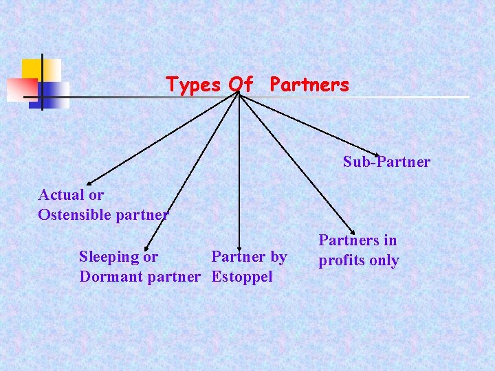 Types Of Partners Sub-Partner Actual or Ostensible partner Sleeping or Partner by Dormant partner