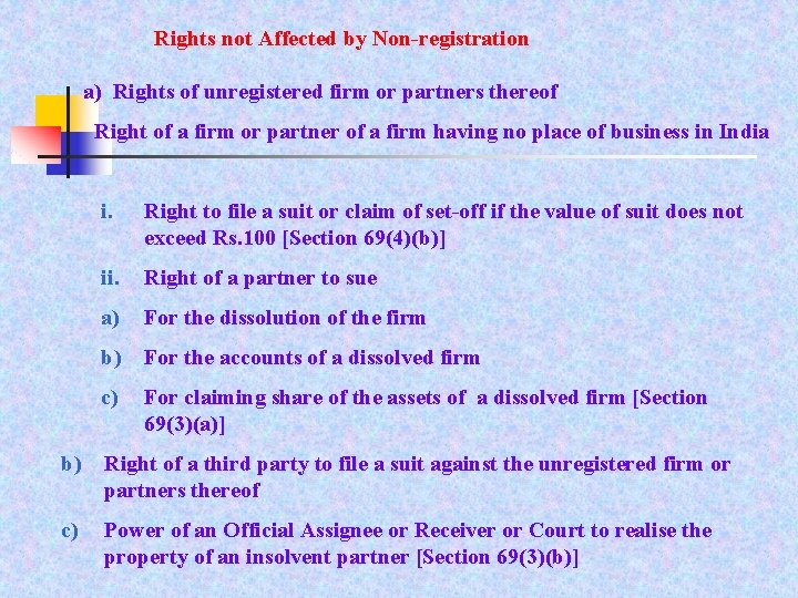 Rights not Affected by Non-registration a) Rights of unregistered firm or partners thereof Right