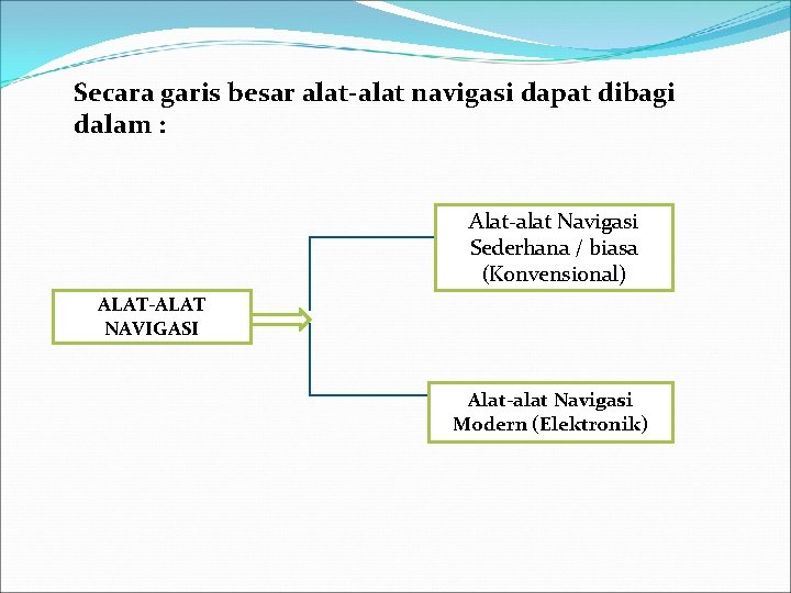 Secara garis besar alat-alat navigasi dapat dibagi dalam : Alat-alat Navigasi Sederhana / biasa