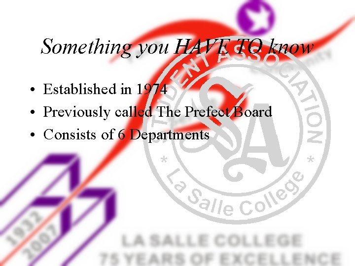 Something you HAVE TO know • Established in 1974 • Previously called The Prefect