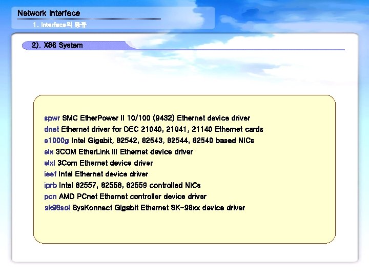 Network Interface 1. Interface의 종류 2). X 86 System spwr SMC Ether. Power II