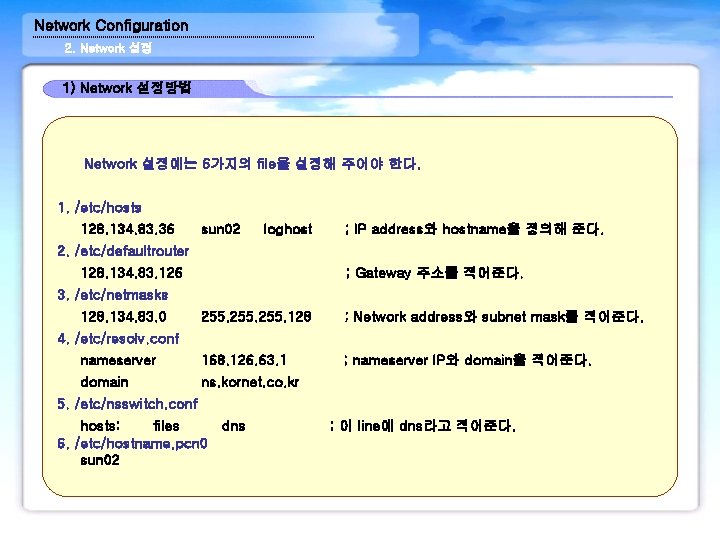 Network Configuration 2. Network 설정 1) Network 설정방법 Network 설정에는 6가지의 file을 설정해 주어야