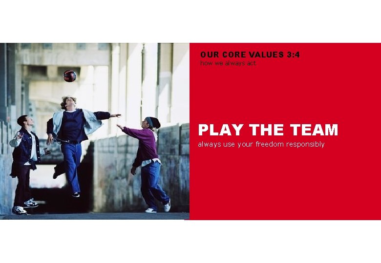 OUR CORE VALUES 3: 4 how we always act PLAY THE TEAM always use