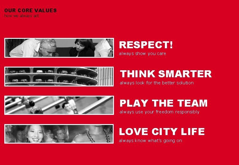 OUR CORE VALUES how we always act RESPECT! always show you care THINK SMARTER