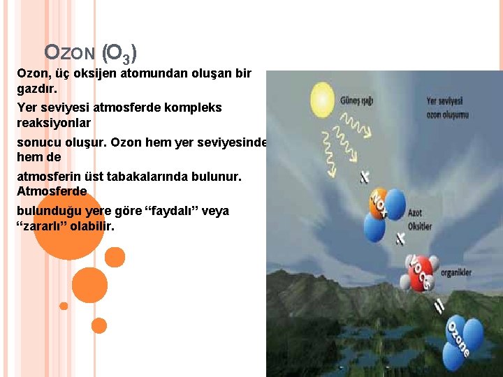 OZON (O 3) Ozon, üç oksijen atomundan oluşan bir gazdır. Yer seviyesi atmosferde kompleks