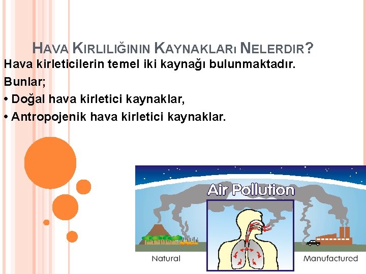 HAVA KIRLILIĞININ KAYNAKLARı NELERDIR? Hava kirleticilerin temel iki kaynağı bulunmaktadır. Bunlar; • Doğal hava