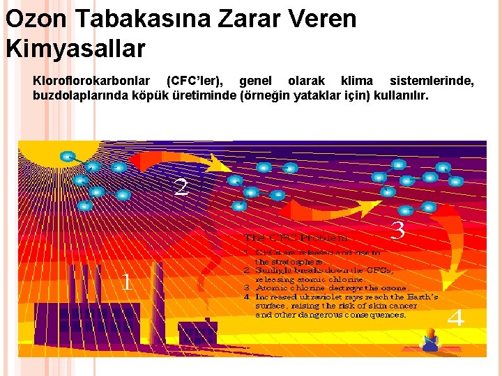 Ozon Tabakasına Zarar Veren Kimyasallar Kloroflorokarbonlar (CFC’ler), genel olarak klima sistemlerinde, buzdolaplarında köpük üretiminde