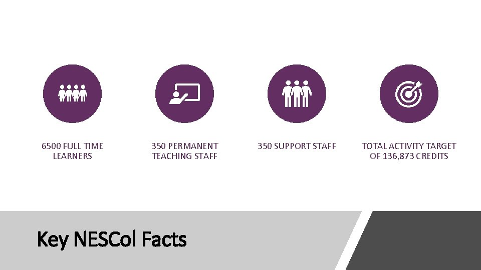 6500 FULL TIME LEARNERS 350 PERMANENT TEACHING STAFF Key NESCol Facts 350 SUPPORT STAFF