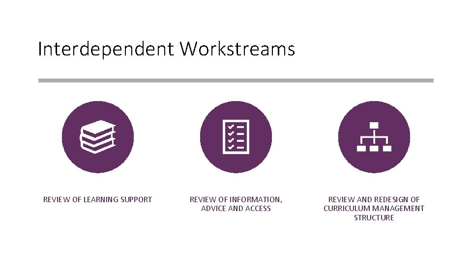 Interdependent Workstreams REVIEW OF LEARNING SUPPORT REVIEW OF INFORMATION, ADVICE AND ACCESS REVIEW AND