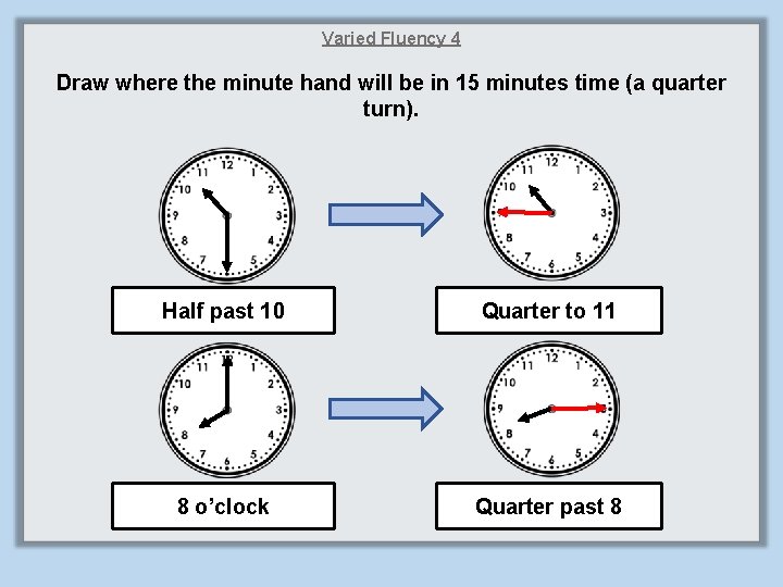 Varied Fluency 4 Draw where the minute hand will be in 15 minutes time