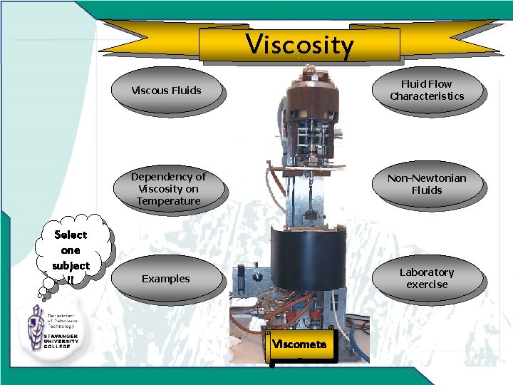 Viscosity Select one subject !! Forfatter Fornavn Etternavn Institusjon Viscous Fluid Flow Characteristics Dependency