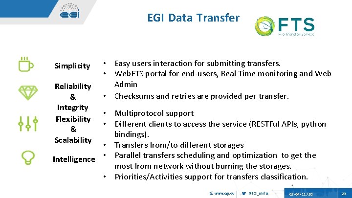 EGI Data Transfer Simplicity Reliability & Integrity Flexibility & Scalability • Easy users interaction