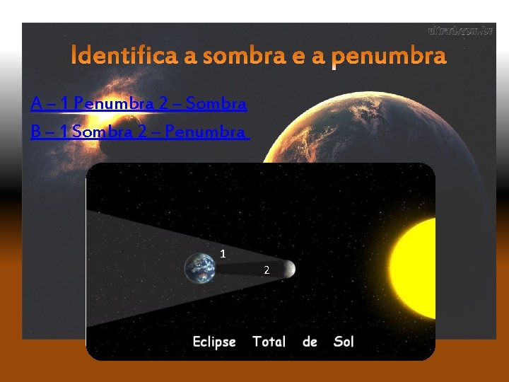 A – 1 Penumbra 2 – Sombra B – 1 Sombra 2 – Penumbra