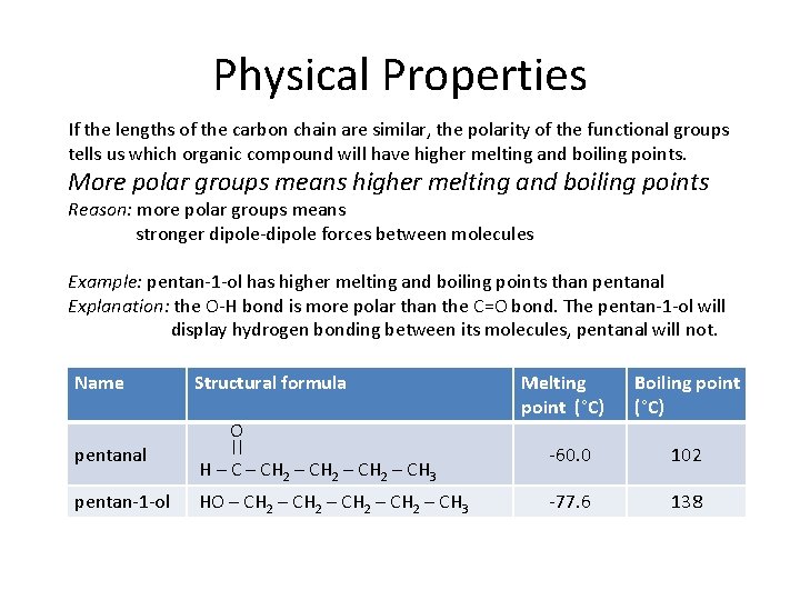 Physical Properties If the lengths of the carbon chain are similar, the polarity of