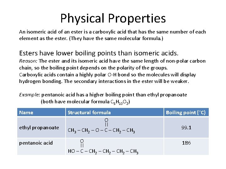 Physical Properties An isomeric acid of an ester is a carboxylic acid that has