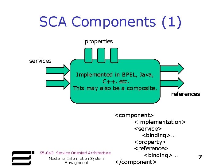 SCA Components (1) properties services Implemented in BPEL, Java, C++, etc. This may also