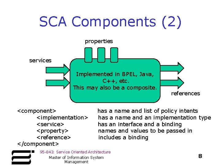 SCA Components (2) properties services Implemented in BPEL, Java, C++, etc. This may also