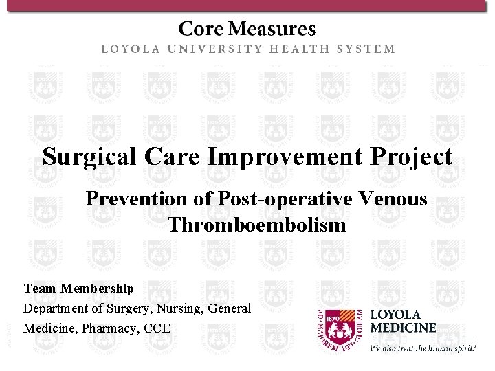 Surgical Care Improvement Project Prevention of Post-operative Venous Thromboembolism Team Membership Department of Surgery,