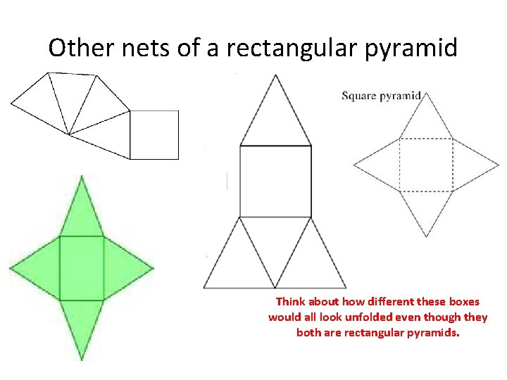 Other nets of a rectangular pyramid Think about how different these boxes would all