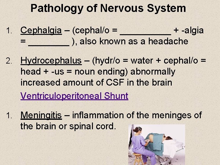 Pathology of Nervous System 1. Cephalgia – (cephal/o = _____ + -algia = ____