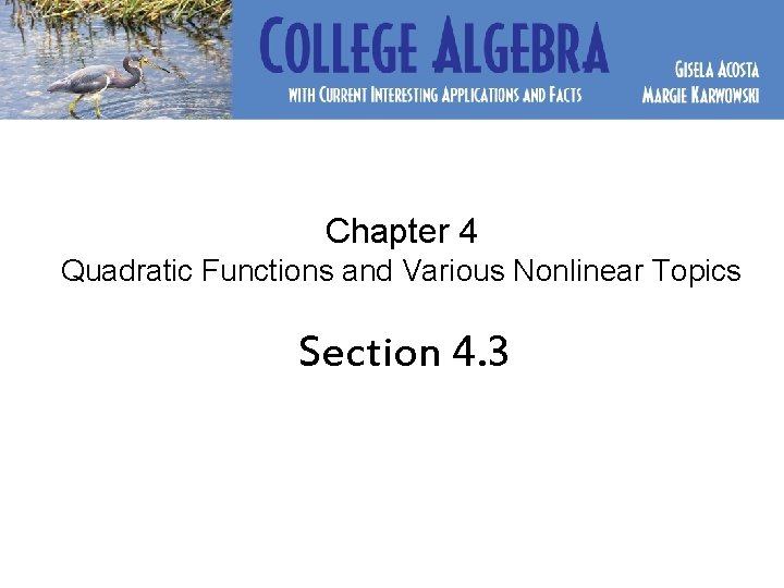 Chapter 4 Quadratic Functions and Various Nonlinear Topics Section 4. 3 