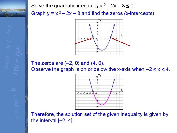 Solve the quadratic inequality x 2 – 2 x – 8 0. Graph y