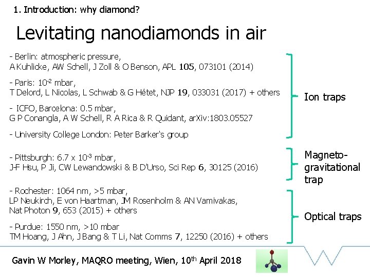 1. Introduction: why diamond? Levitating nanodiamonds in air - Berlin: atmospheric pressure, A Kuhlicke,