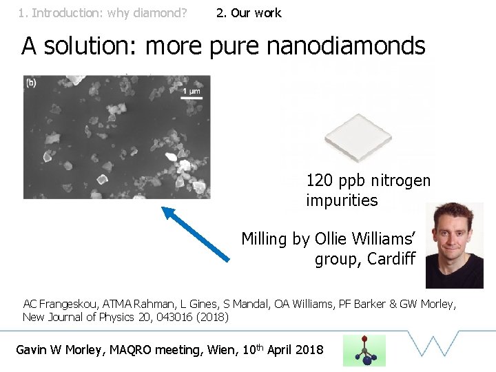 1. Introduction: why diamond? 2. Our work A solution: more pure nanodiamonds 150 ppm