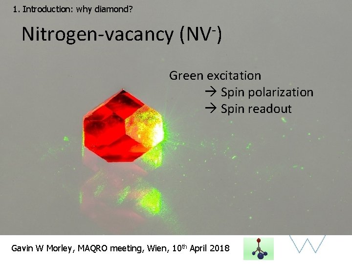 1. Introduction: why diamond? Nitrogen-vacancy (NV-) Green excitation Spin polarization Spin readout Gavin W