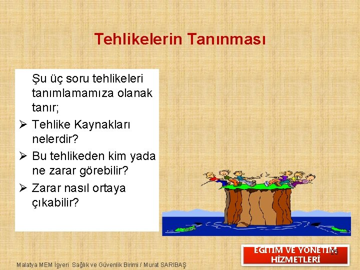 Tehlikelerin Tanınması Şu üç soru tehlikeleri tanımlamamıza olanak tanır; Ø Tehlike Kaynakları nelerdir? Ø
