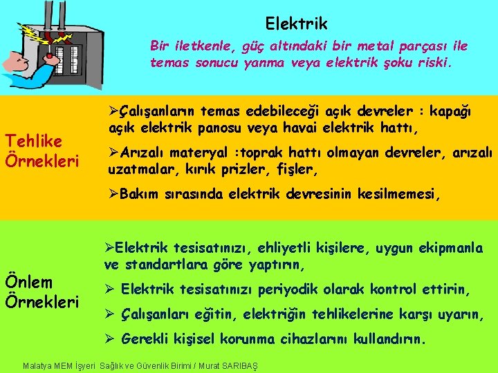 Elektrik Bir iletkenle, güç altındaki bir metal parçası ile temas sonucu yanma veya elektrik