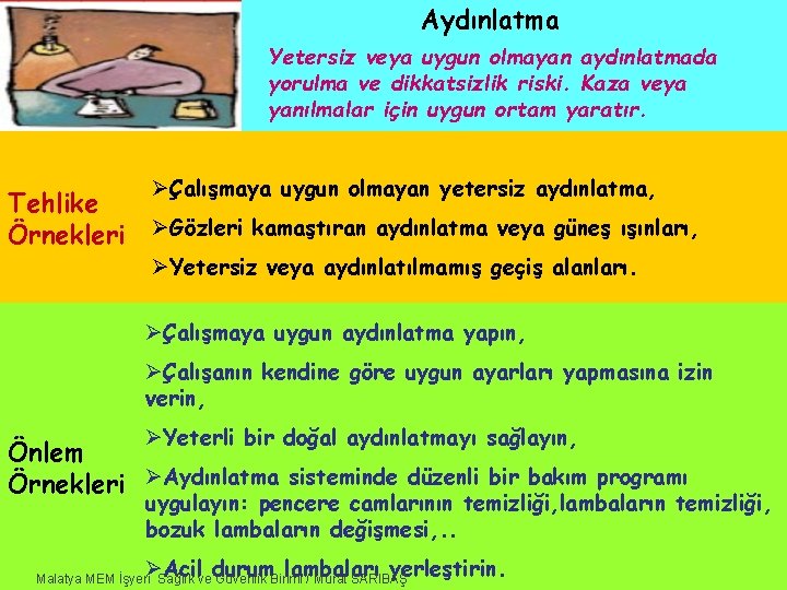 Aydınlatma Yetersiz veya uygun olmayan aydınlatmada yorulma ve dikkatsizlik riski. Kaza veya yanılmalar için