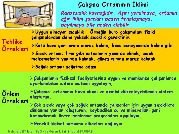 Çalışma Ortamının İklimi Rahatsızlık kaynağıdır. Aşırı yorulmaya, ortamın ağır iklim şartları bazen fenalaşmaya, bayılmaya