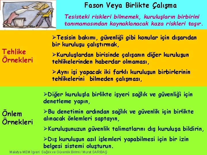 Fason Veya Birlikte Çalışma Tesisteki riskleri bilmemek, kuruluşların birbirini tanımamasından kaynaklanacak kaza riskleri taşır.
