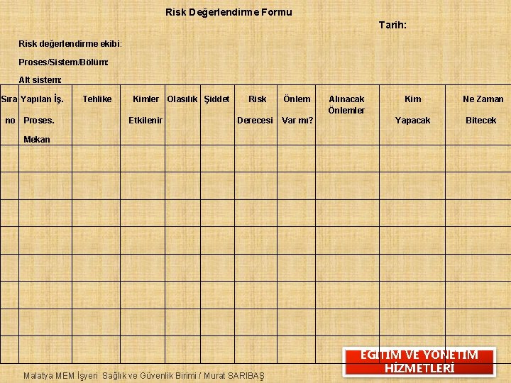 Risk Değerlendirme Formu Tarih: Risk değerlendirme ekibi: Proses/Sistem/Bölüm: Alt sistem: Sıra Yapılan İş. no