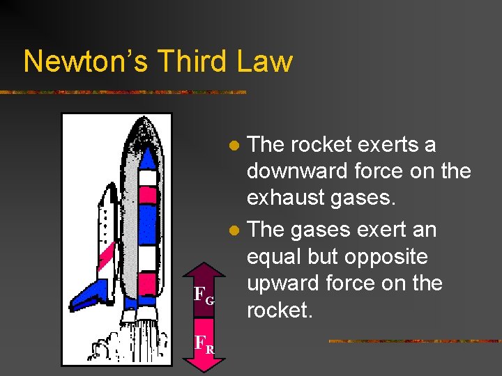 Newton’s Third Law The rocket exerts a downward force on the exhaust gases. l
