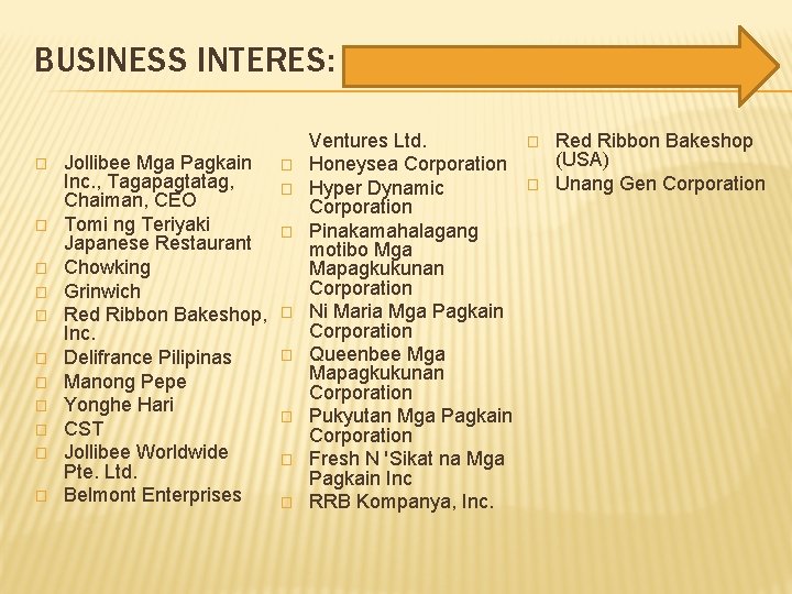 BUSINESS INTERES: � � � Jollibee Mga Pagkain Inc. , Tagapagtatag, Chaiman, CEO Tomi BUSINESS INTERES: � � � Jollibee Mga Pagkain Inc. , Tagapagtatag, Chaiman, CEO Tomi