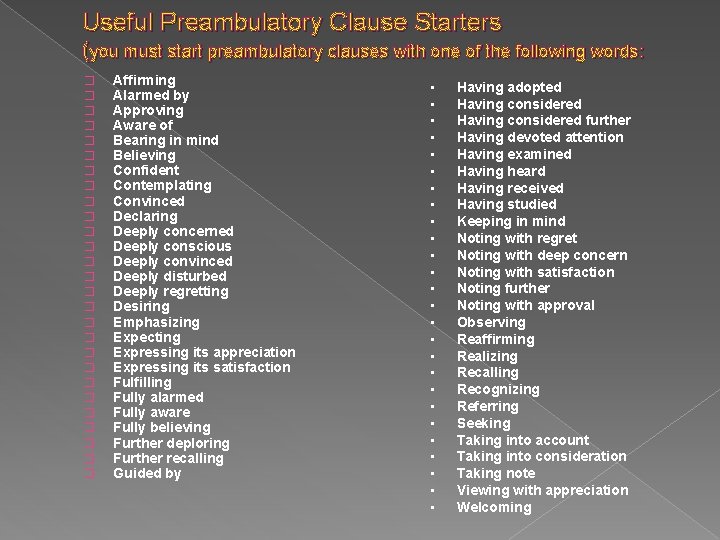 Useful Preambulatory Clause Starters (you must start preambulatory clauses with one of the following