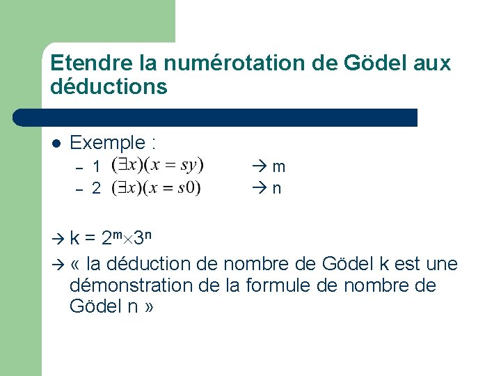 Etendre la numérotation de Gödel aux déductions l Exemple : – – 1 2