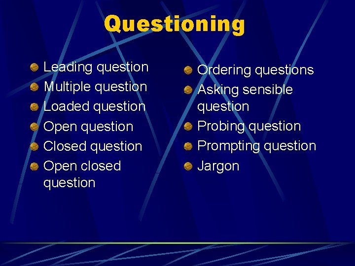 Questioning Leading question Multiple question Loaded question Open question Closed question Open closed question