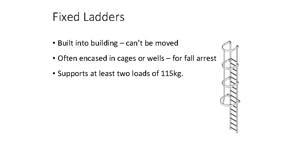 Fixed Ladders • Built into building – can’t be moved • Often encased in