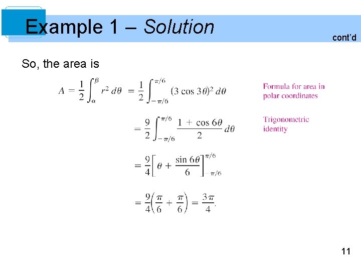 Example 1 – Solution cont’d So, the area is 11 