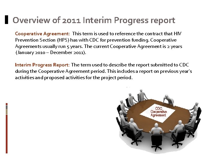 Overview of 2011 Interim Progress report Cooperative Agreement: This term is used to reference