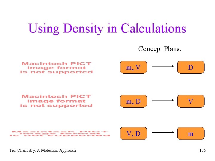 Using Density in Calculations Concept Plans: Tro, Chemistry: A Molecular Approach m, V D