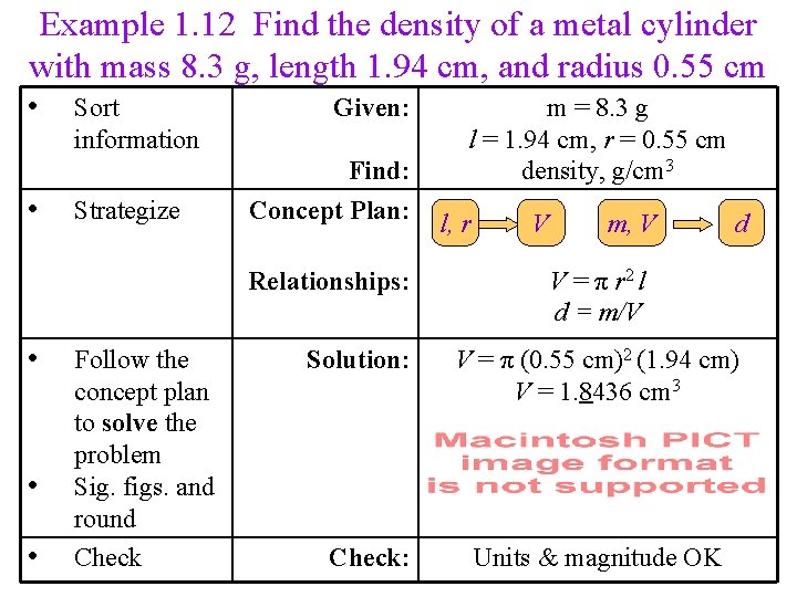 Example 1. 12 Find the density of a metal cylinder with mass 8. 3