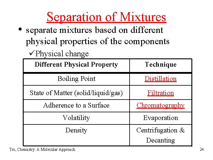 Separation of Mixtures • separate mixtures based on different physical properties of the components
